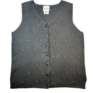 Vintage TR Bentley M Lace Trim Cardi Vest Black Embroidered Floral 90s Coquette